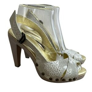 Cynthia Vincent Womens Peep Toe Slingback Wooden Platform Heels Sz 9 Puple White